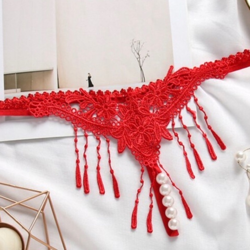 RED colour 5 Pearl T Back G String Open crotch Panties with embroidery